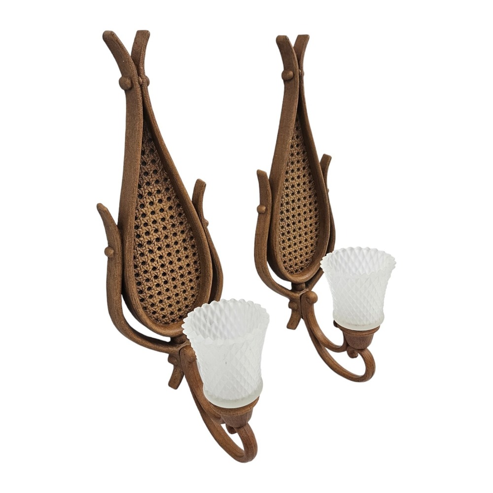 Vintage Homco Rattan Teardrop Candle Sconce Holders w Cups Wall Mount Boho - Picture 2 of 11